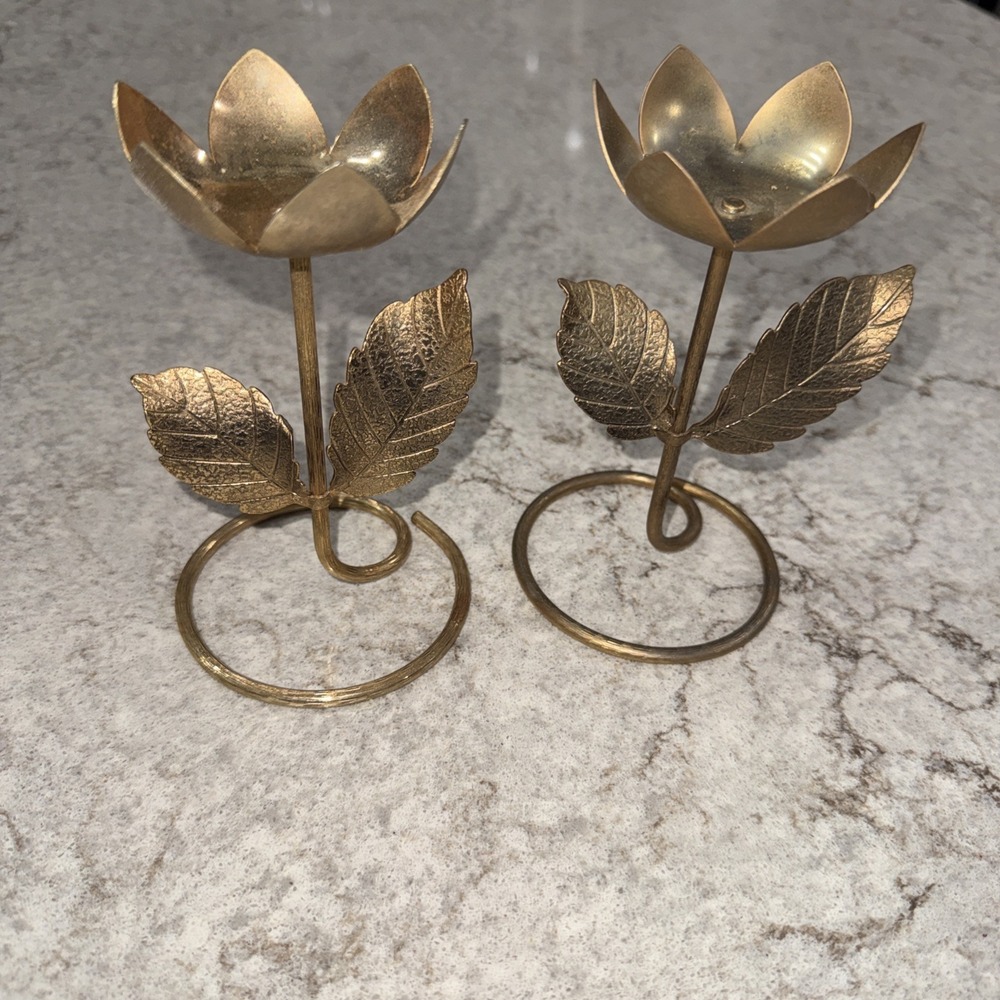 2 Vintage Avon Tulip Flower Tealight Candle Holder Metal Brass Gold 6" Art Deco